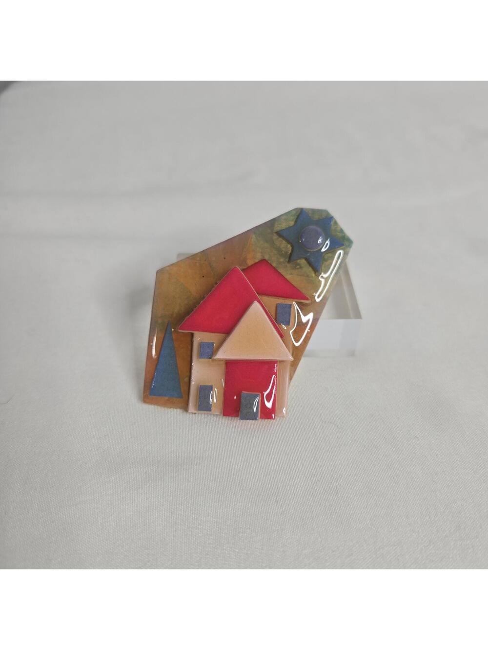 House Pins By Lucinda Layered Acrylic 3D Red House Sun Collage Collectible 90s